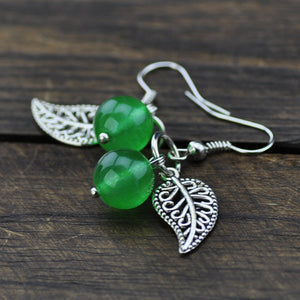 Retro National Style Crystal Green Agate Miao Silver Leaf-shaped Earring