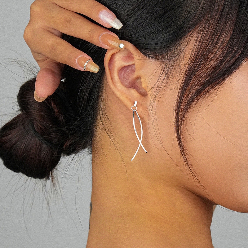 Women's Fashion Sterling Silver Tassel Cross Line Earrings