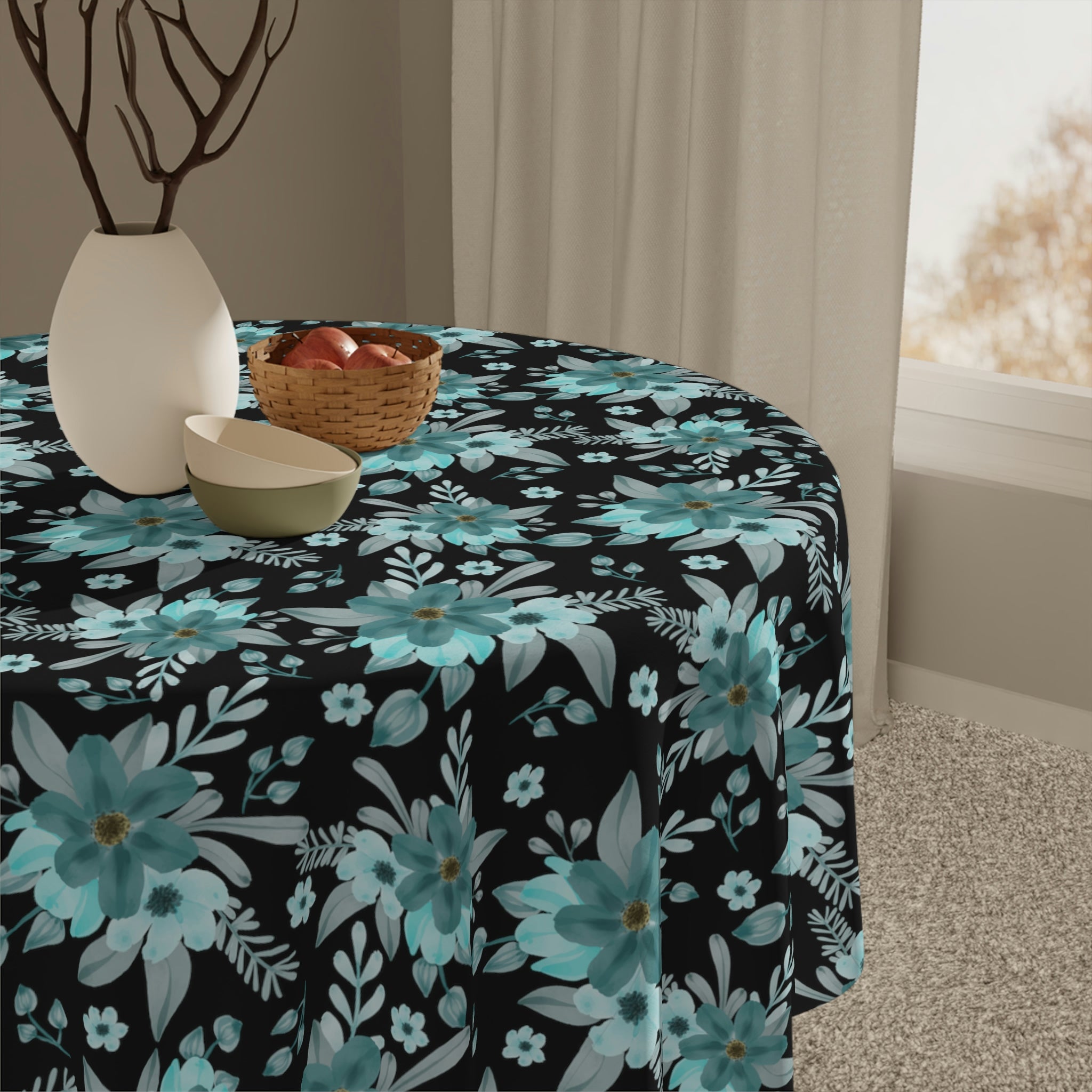 Blue flowers - Black tablecloth