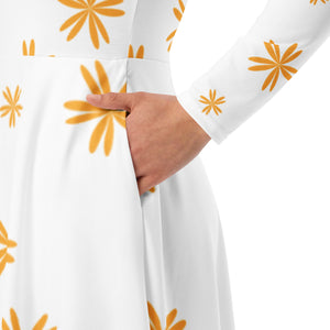 Golden Flowers - Long sleeve midi dress /white/