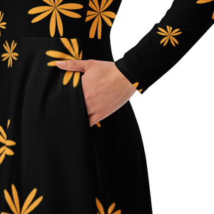 Golden Flowers - Long sleeve midi dress /black/